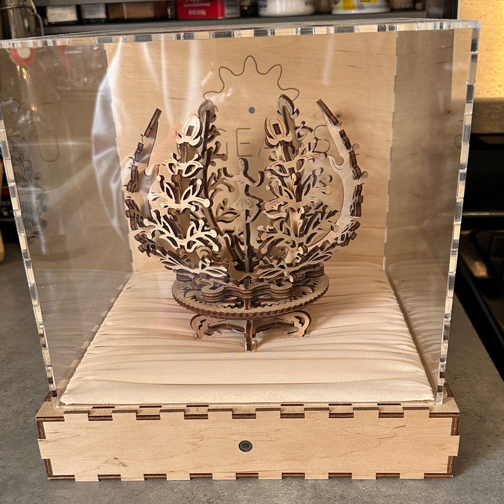 Ornate Wooden Mechanical Sculpture in Case